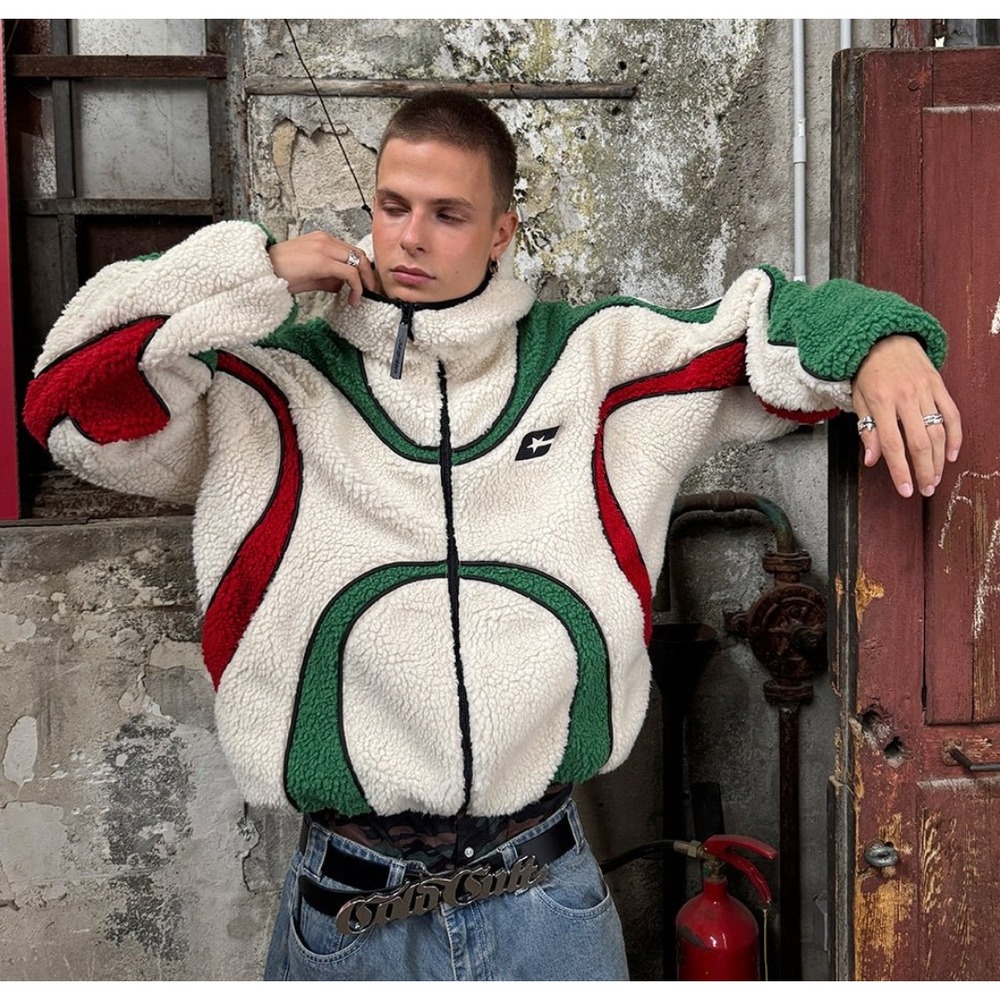 Cold Culture Sherpa Fleece Jacket Men Medium Cream Green Red Full Zip Streetwear